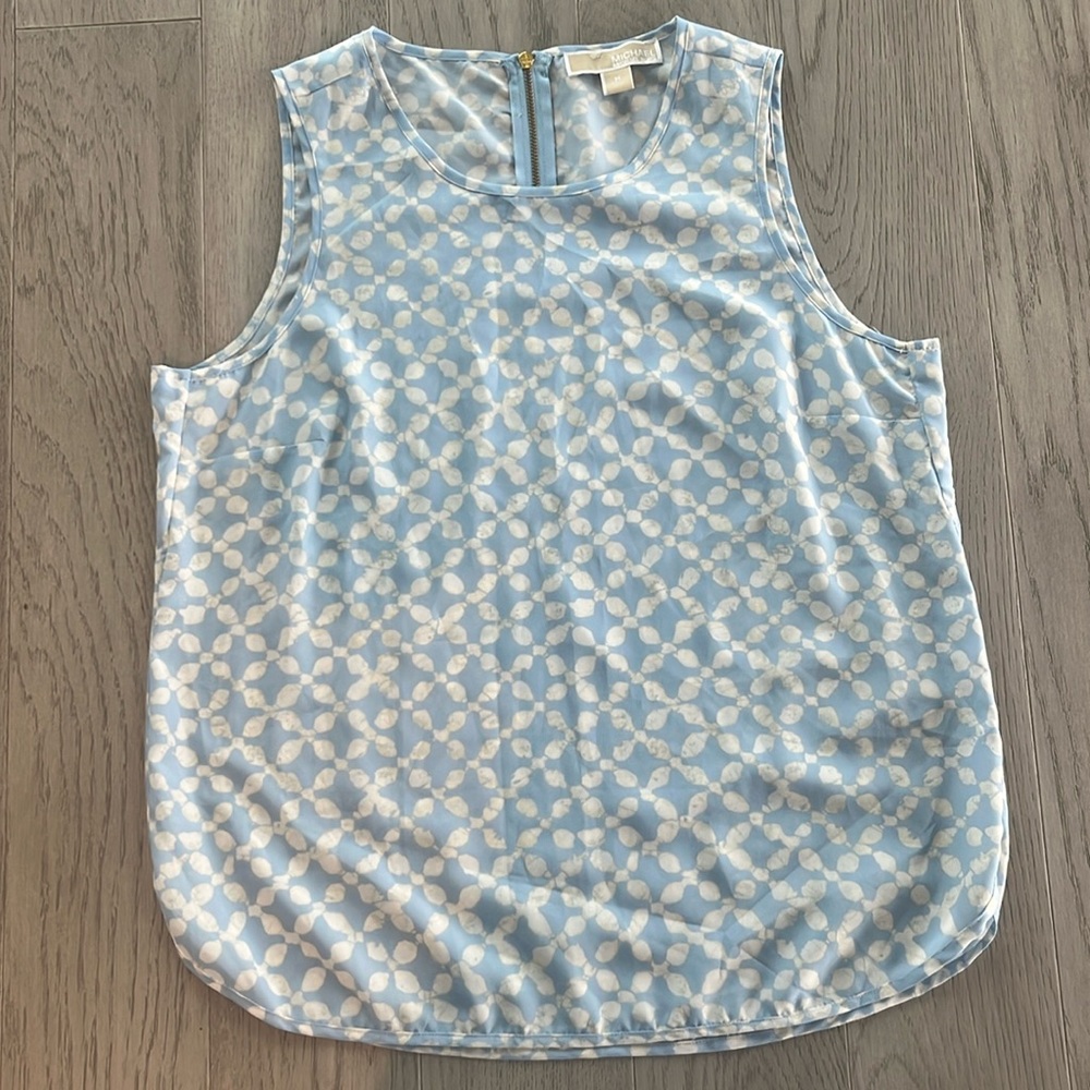 Michael Kors Blue White Geometric Zip Back Sleeveless Blouse Top Size Medium